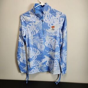 NWT Straight Down Perf Womens S Golf Shirt Blue Flora Provence 1/4 Zip LS